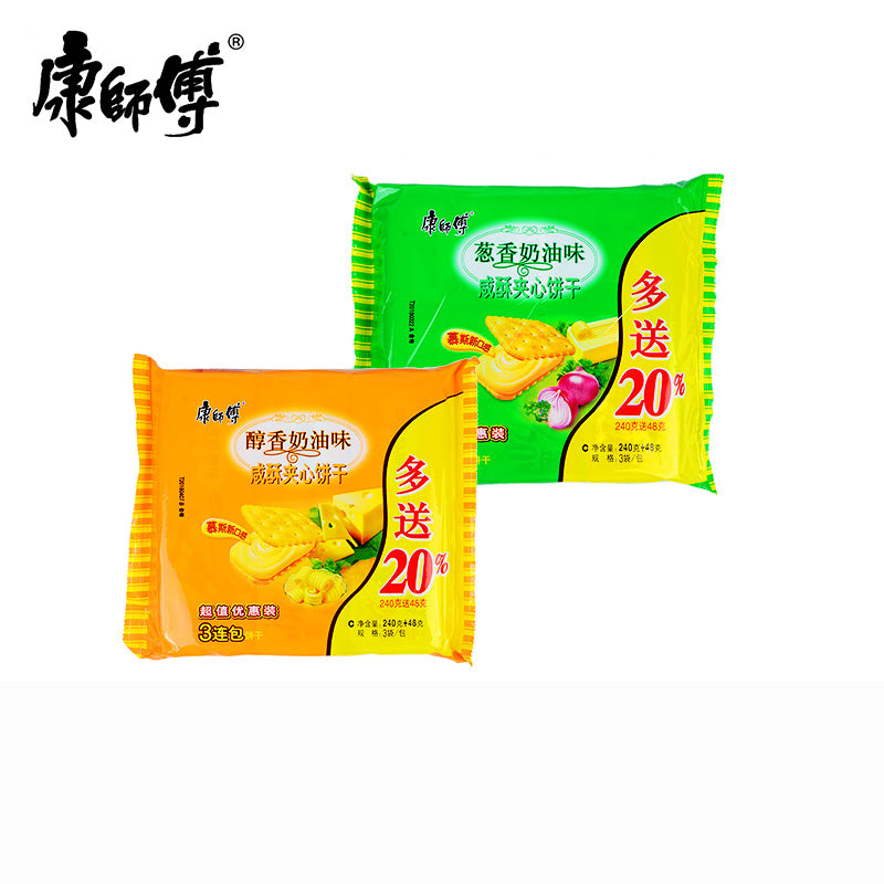 【康师傅】康师傅咸酥夹心饼干超值优惠装醇香奶油葱香奶油 早餐休闲零食 咸酥夹心饼干三联包 288g/组合-饼干-康师傅-美国零食网